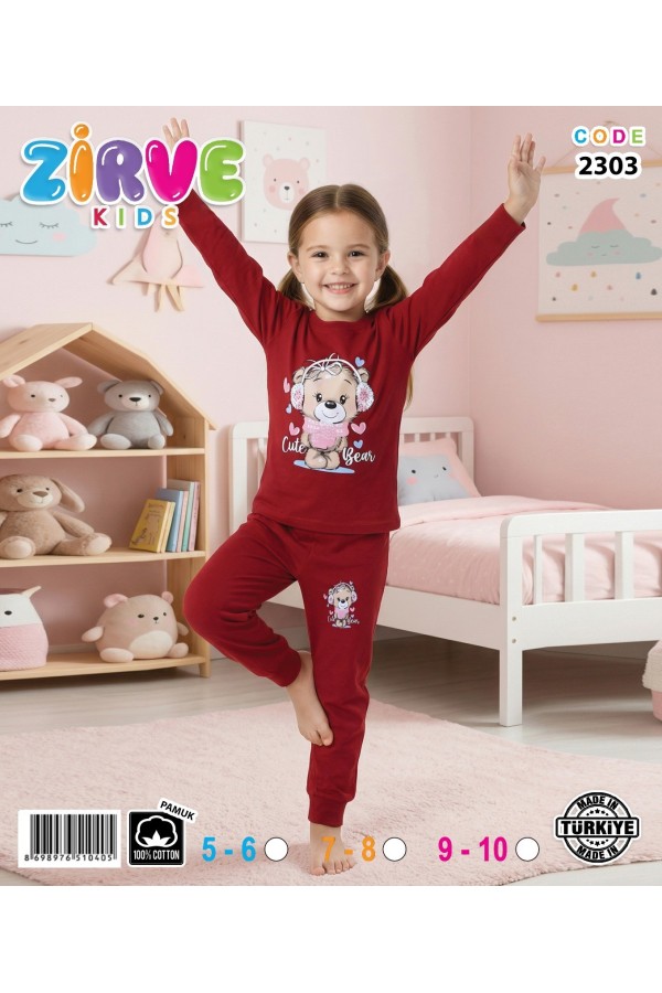 Zirve Kids Kız Bordo Ayıcıklı Çocuk Pijama Takımı