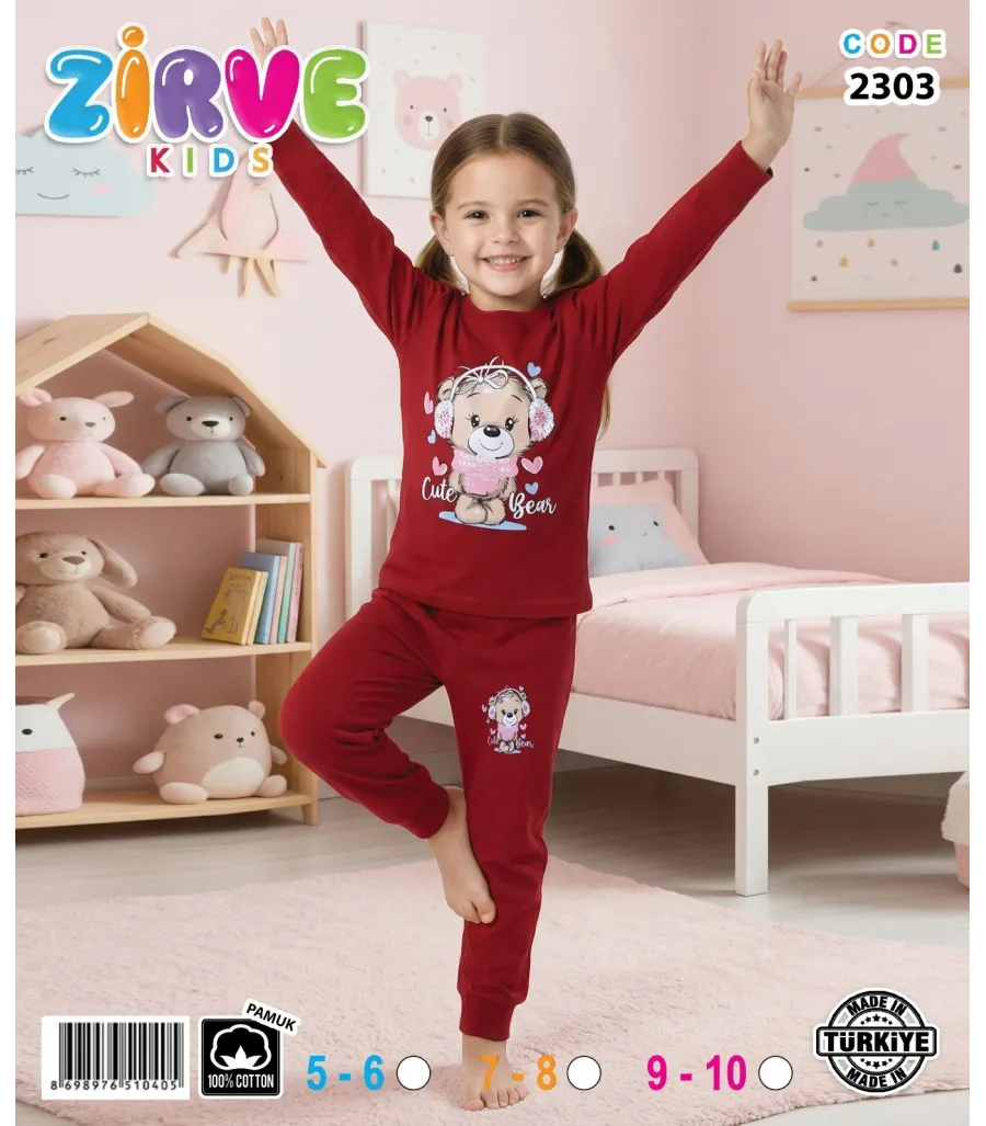 Zirve Kids Kız Bordo Ayıcıklı Çocuk Pijama Takımı