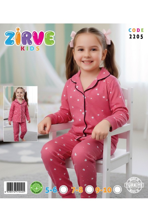 Zirve Kids Kız Fuşya Yıldız Desenli Gömlek Yaka Çocuk Pijama Takımı