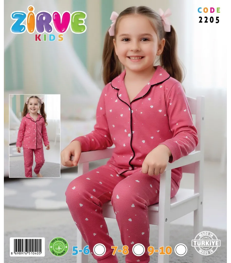 Zirve Kids Kız Fuşya Yıldız Desenli Gömlek Yaka Çocuk Pijama Takımı