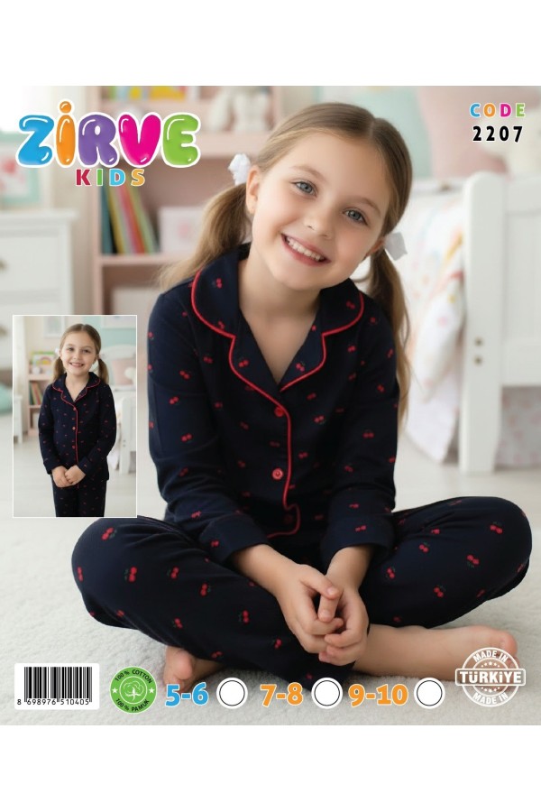 Zirve Kids Kız Lacivert Desenli Gömlek Yaka Çocuk Pijama Takımı