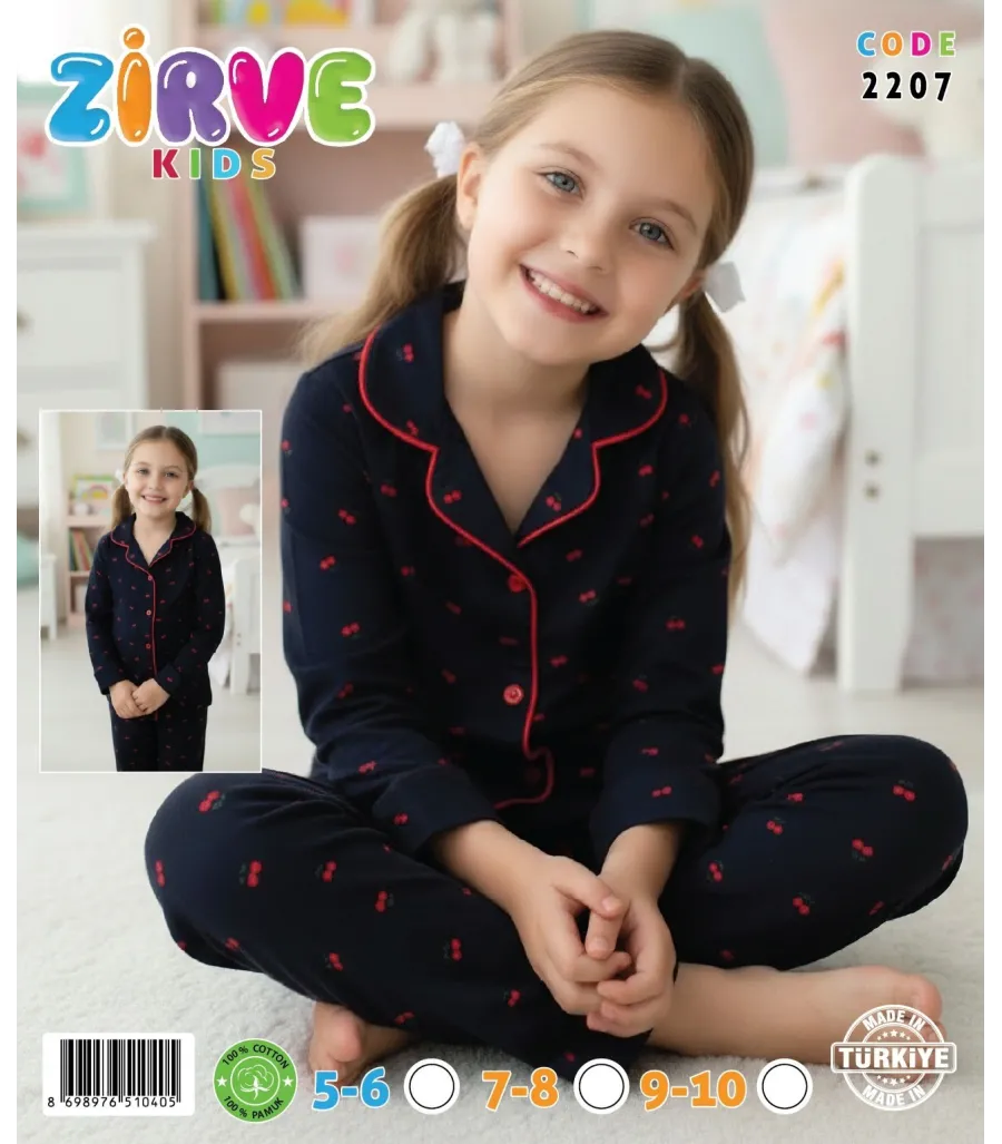 Zirve Kids Kız Lacivert Desenli Gömlek Yaka Çocuk Pijama Takımı