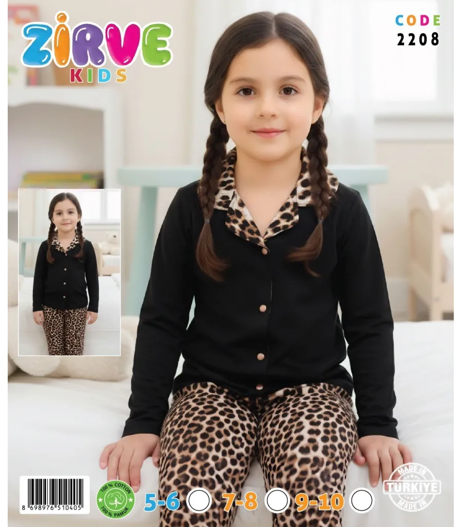 Zirve Kids Kız Siyah Leopar Desenli Gömlek Yaka Çocuk Pijama Takımı