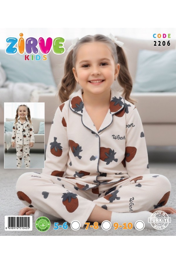 Zirve Kids Kız Krem Çilek Desenli Gömlek Yaka Çocuk Pijama Takımı