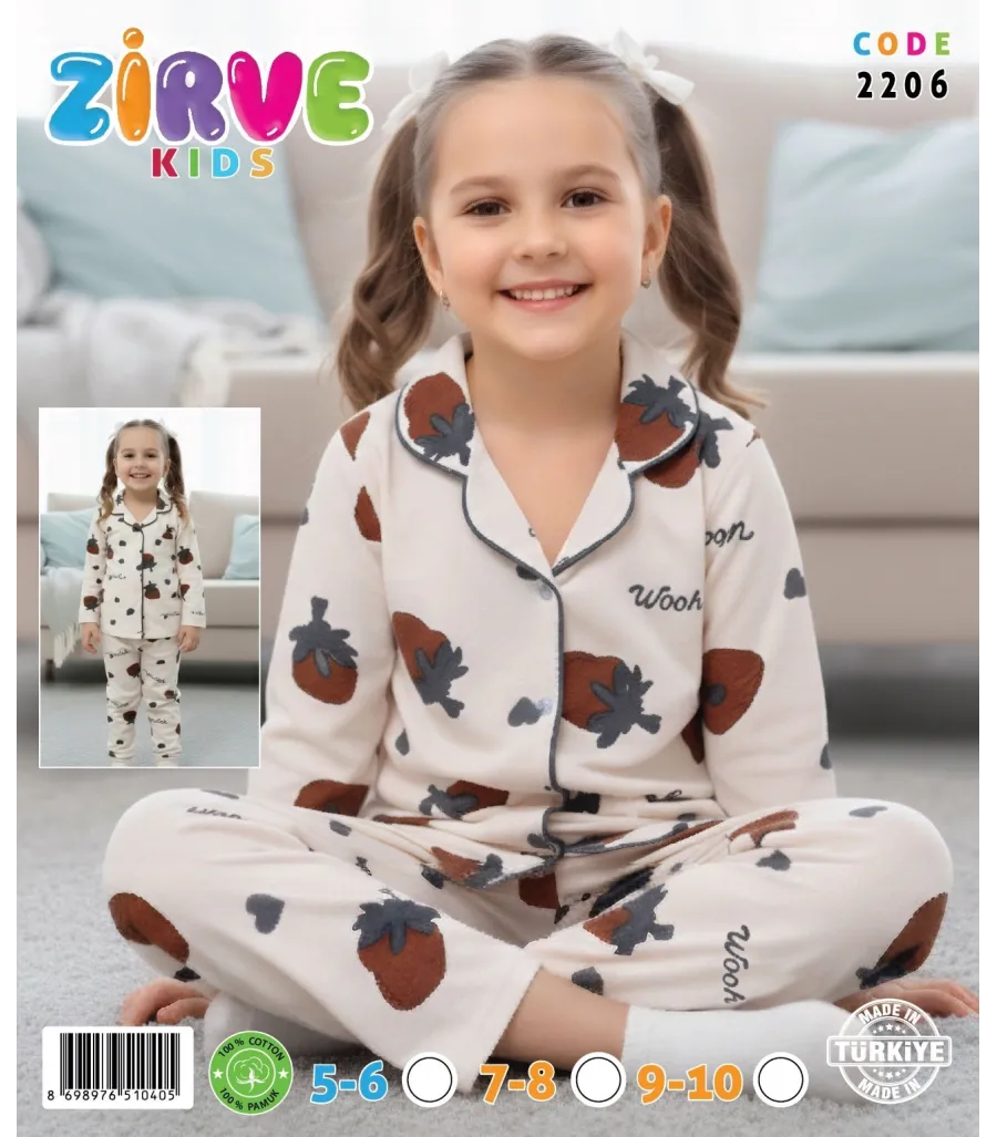 Zirve Kids Kız Krem Çilek Desenli Gömlek Yaka Çocuk Pijama Takımı