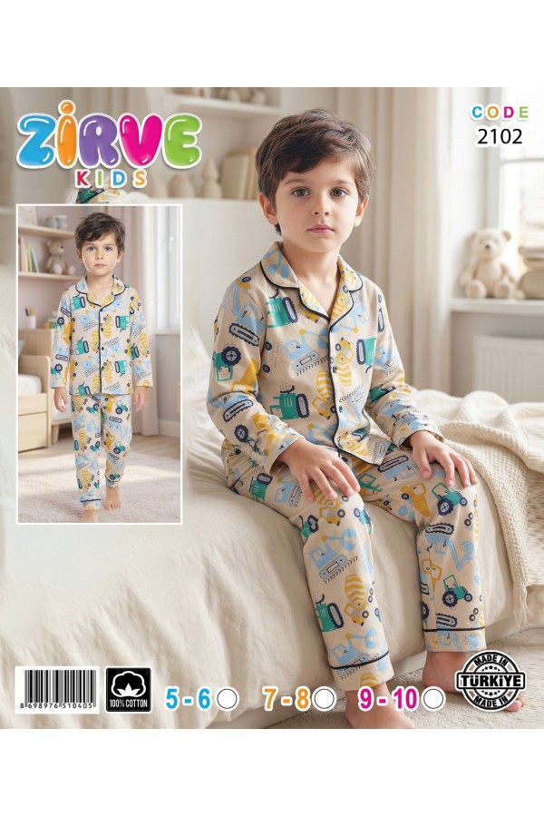 Zirve Kids Erkek Sarı Desenli Gömlek Yaka Çocuk Pijama Takımı