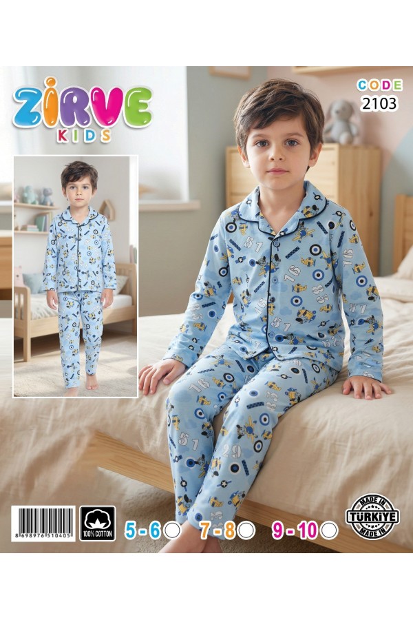 Zirve Kids Erkek Mavi Desenli Gömlek Yaka Çocuk Pijama Takımı