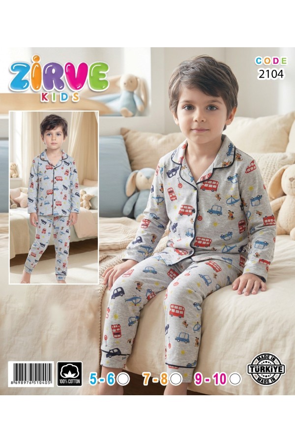 Zirve Kids Erkek Gri Desenli Gömlek Yaka Çocuk Pijama Takımı
