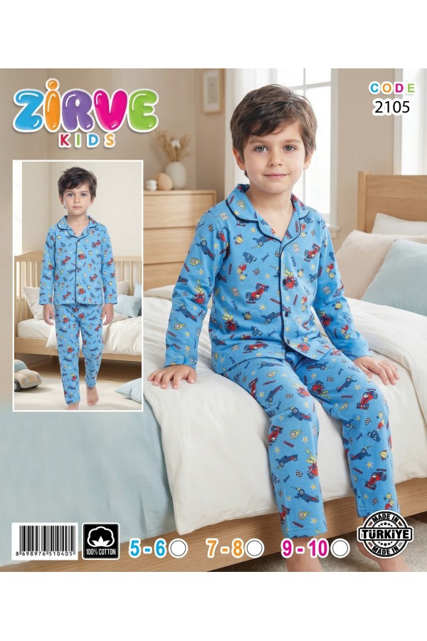 Zirve Kids Erkek Saks Mavi Desenli Gömlek Yaka Çocuk Pijama Takımı