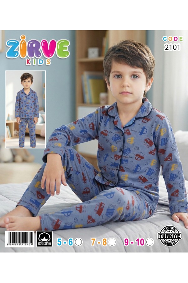 Zirve Kids Erkek Lacivert Desenli Gömlek Yaka Çocuk Pijama Takımı