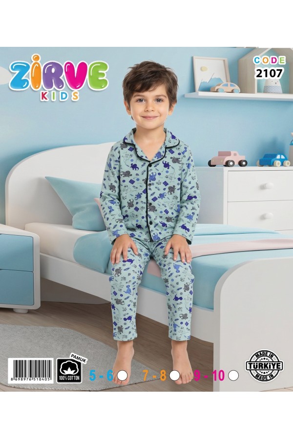 Zirve Kids Erkek Açık Mavi Desenli Gömlek Yaka Çocuk Pijama Takımı