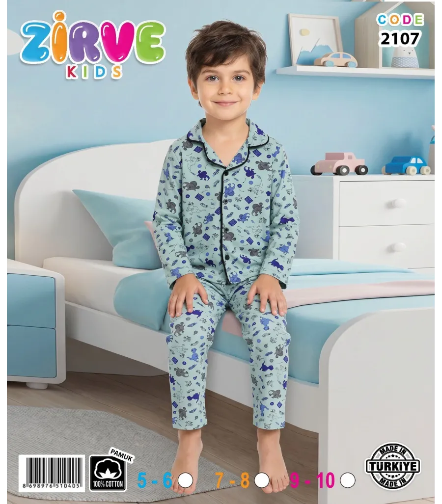 Zirve Kids Erkek Açık Mavi Desenli Gömlek Yaka Çocuk Pijama Takımı