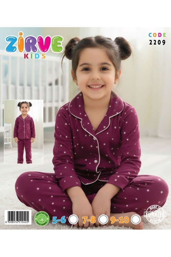 Zirve Kids Kız Bordo Yıldız Desenli Gömlek Yaka Çocuk Pijama Takımı