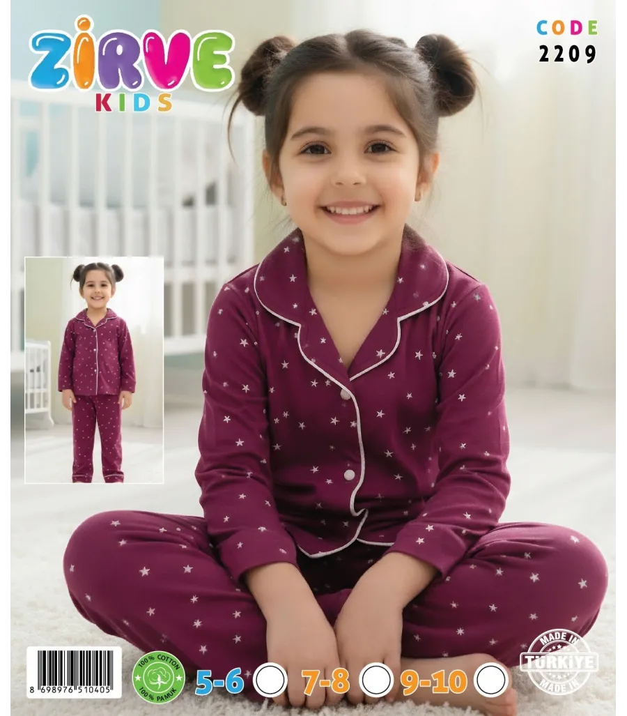 Zirve Kids Kız Bordo Yıldız Desenli Gömlek Yaka Çocuk Pijama Takımı