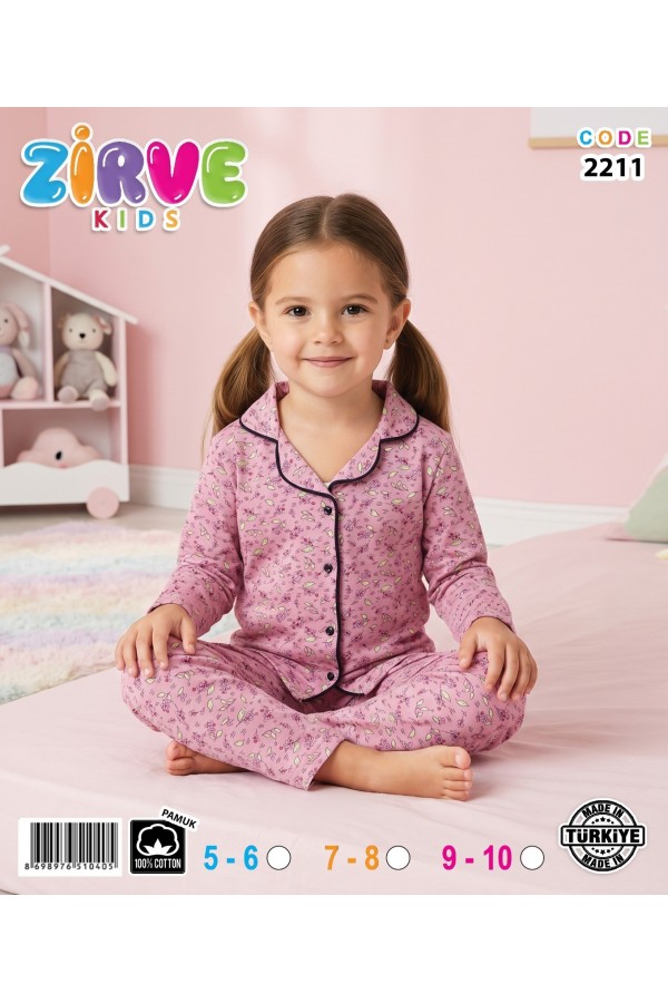 Zirve Kids Kız Pembe Desenli Gömlek Yaka Çocuk Pijama Takımı