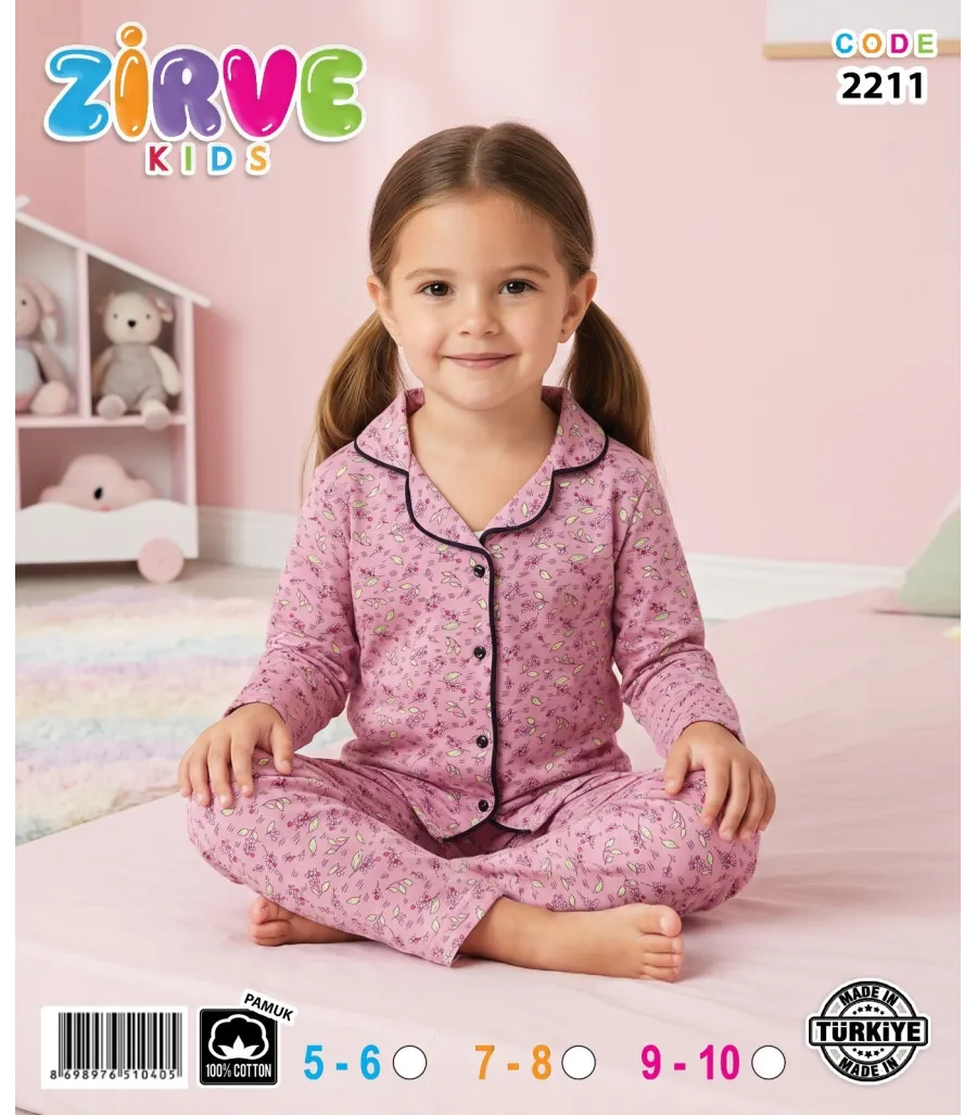 Zirve Kids Kız Pembe Desenli Gömlek Yaka Çocuk Pijama Takımı