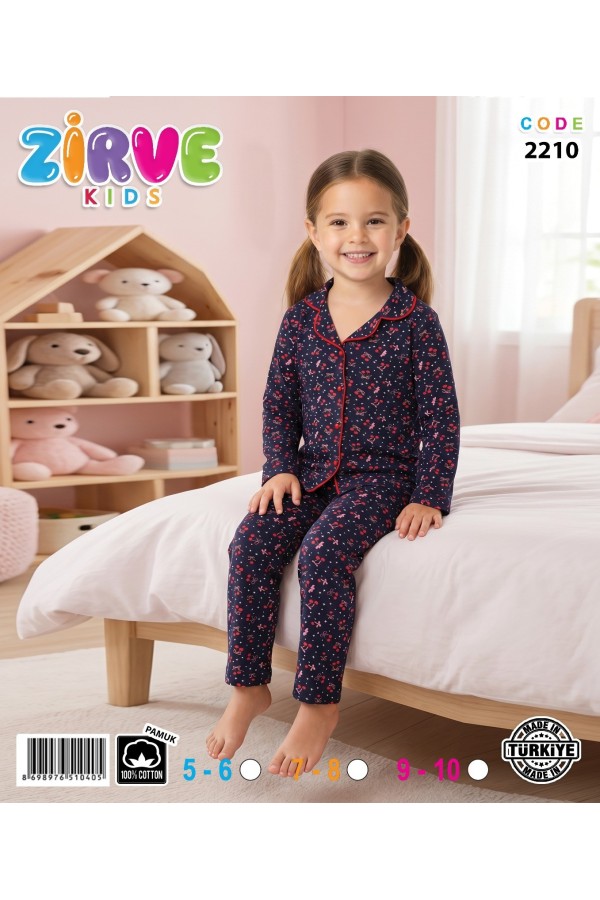 Zirve Kids Kız Lacivert Çiçek Desenli Gömlek Yaka Çocuk Pijama Takımı