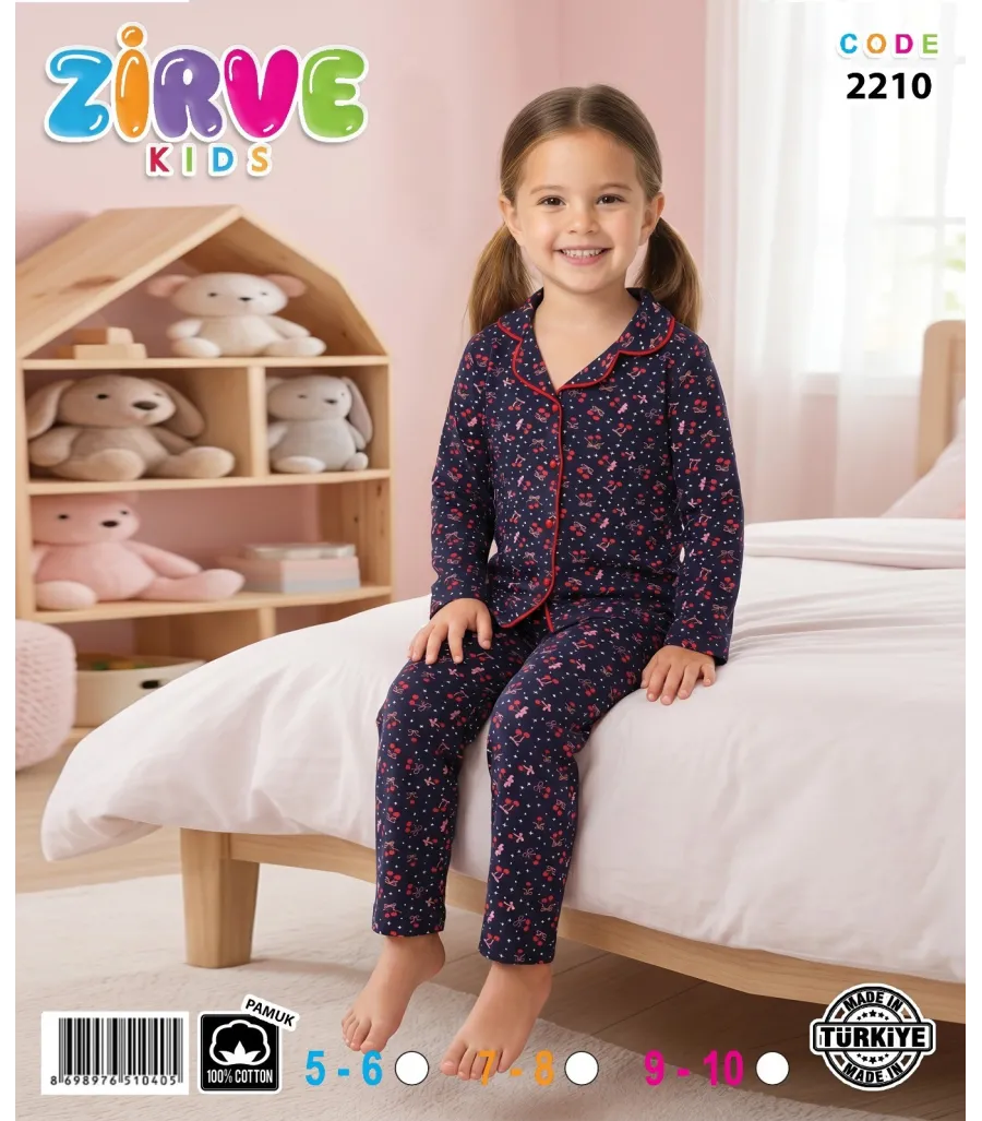 Zirve Kids Kız Lacivert Çiçek Desenli Gömlek Yaka Çocuk Pijama Takımı