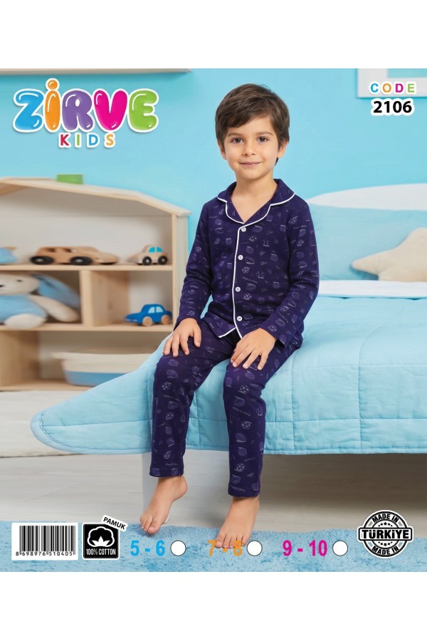 Zirve Kids Erkek Lacivert Gömlek Yaka Çocuk Pijama Takımı