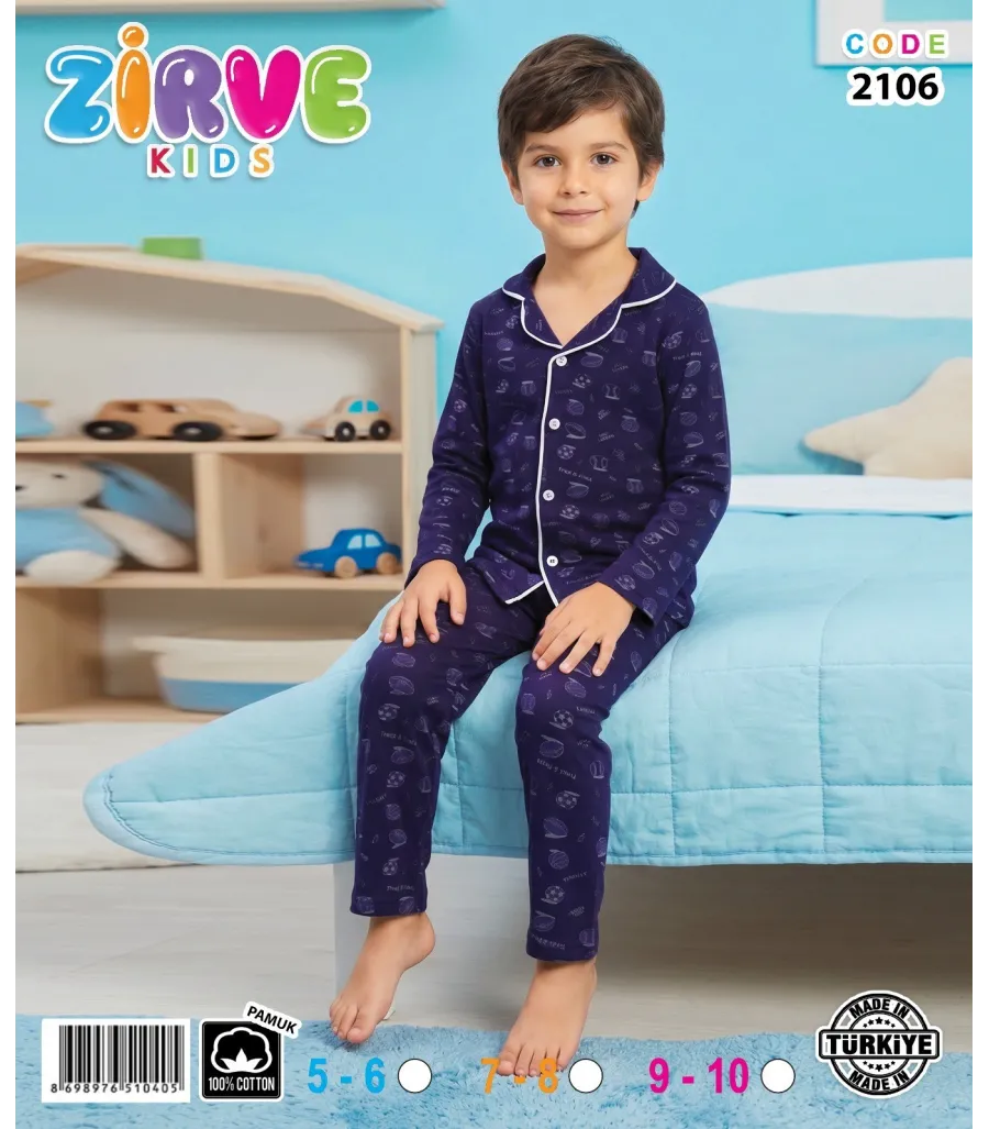 Zirve Kids Erkek Lacivert Gömlek Yaka Çocuk Pijama Takımı