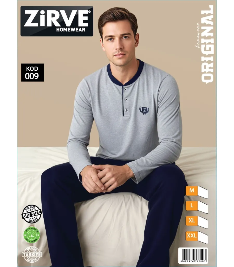 Zirve Gri Lacivert Erkek Penye Pijama Takımı
