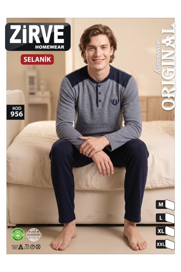 Zirve Gri Lacivert Erkek Selanik Kışlık Pijama Takımı