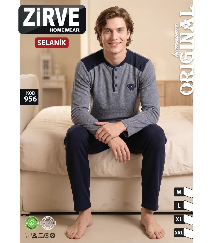 Zirve Gri Lacivert Erkek Selanik Kışlık Pijama Takımı