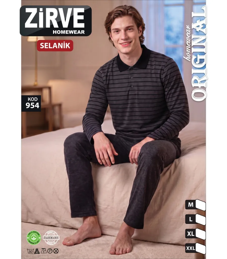 Zirve Antrasit Çizgili Erkek Selanik Kışlık Pijama Takımı