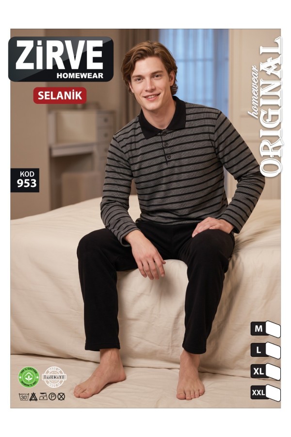 Zirve Gri Siyah Çizgili Erkek Selanik Kışlık Pijama Takımı