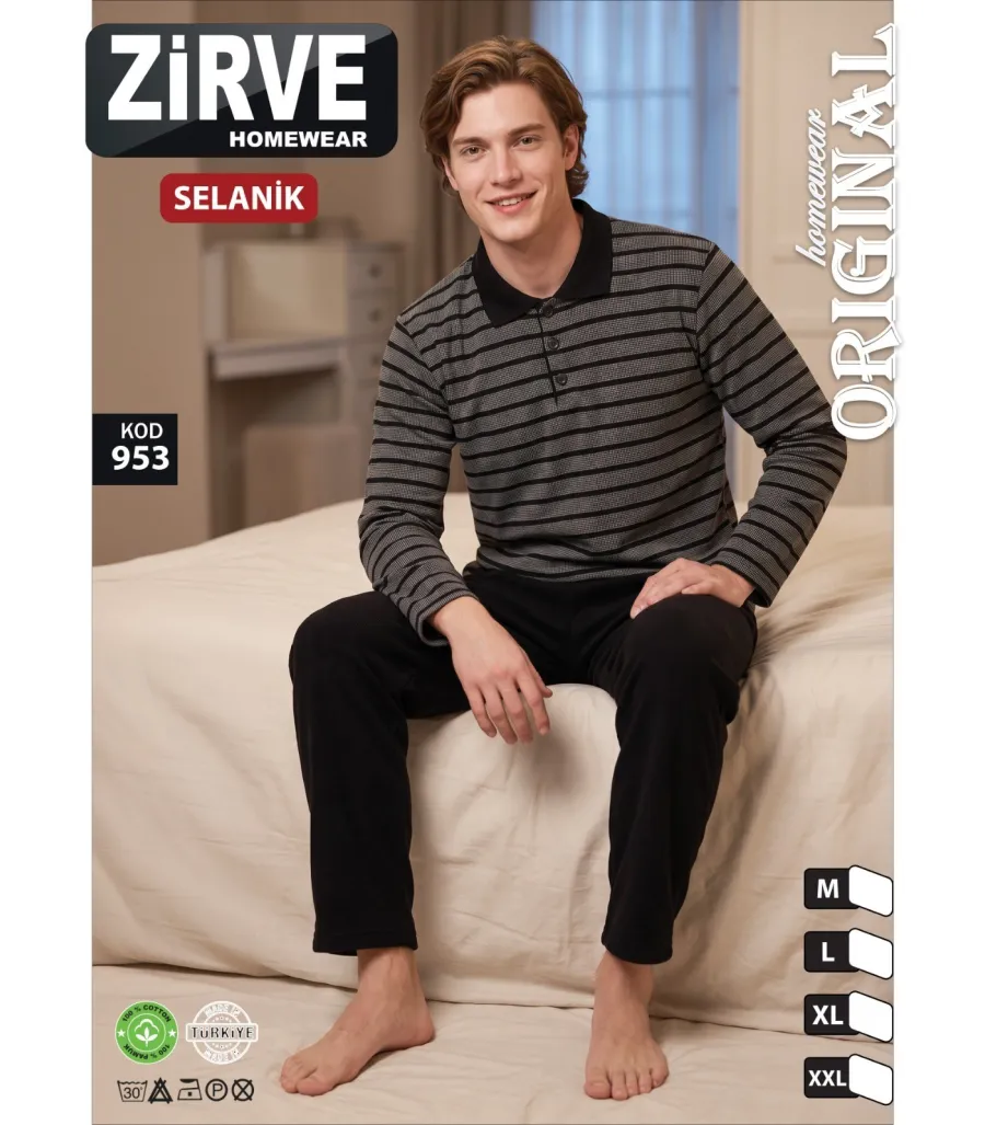 Zirve Gri Siyah Çizgili Erkek Selanik Kışlık Pijama Takımı