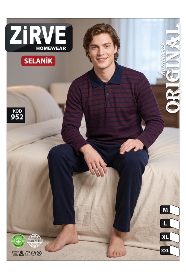 Zirve Bordo Çizgili Erkek Selanik Kışlık Pijama Takımı