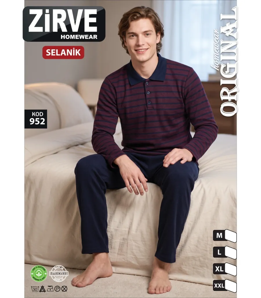 Zirve Bordo Çizgili Erkek Selanik Kışlık Pijama Takımı