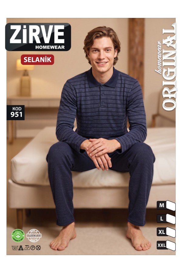 Zirve Lacivert Çizgili Erkek Selanik Kışlık Pijama Takımı Model 951