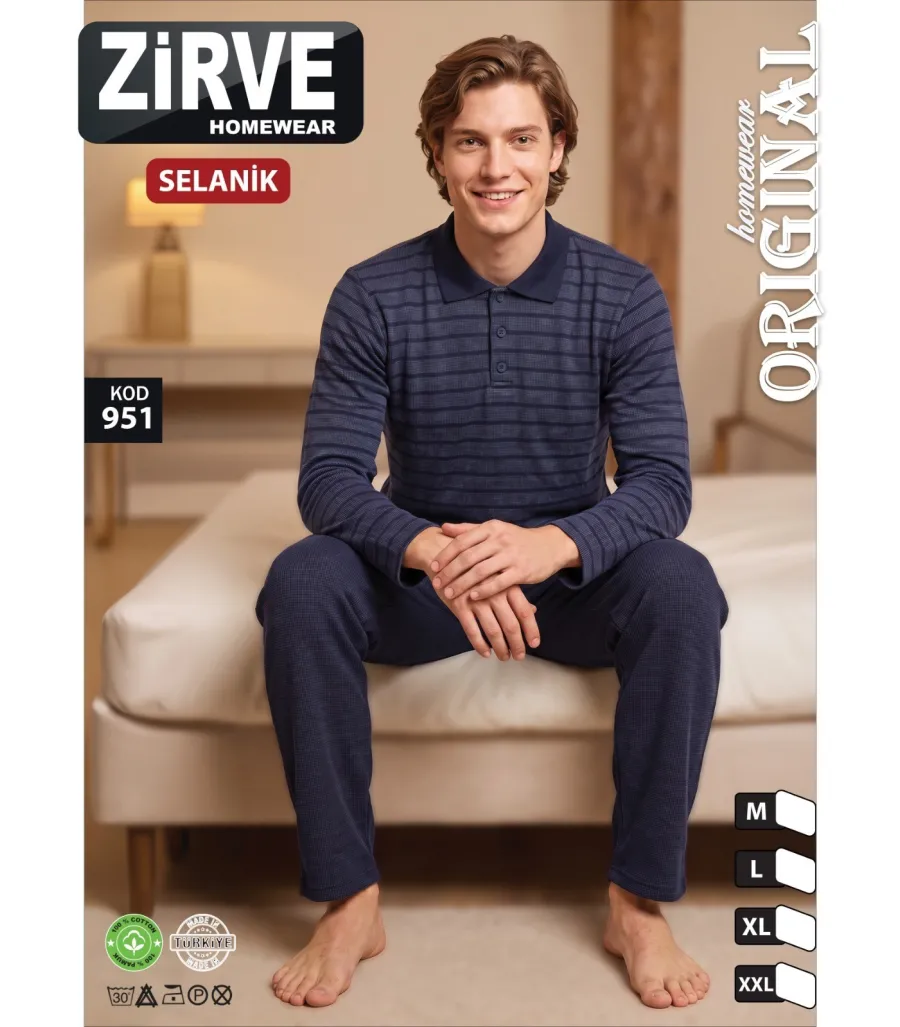 Zirve Lacivert Çizgili Erkek Selanik Kışlık Pijama Takımı Model 951