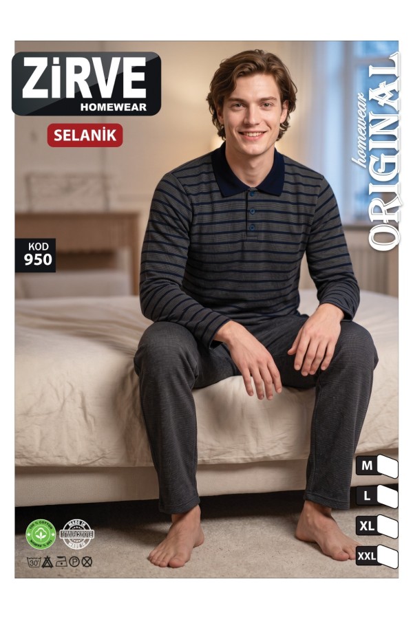 Zirve Koyu Gri Çizgili Erkek Selanik Kışlık Pijama Takımı