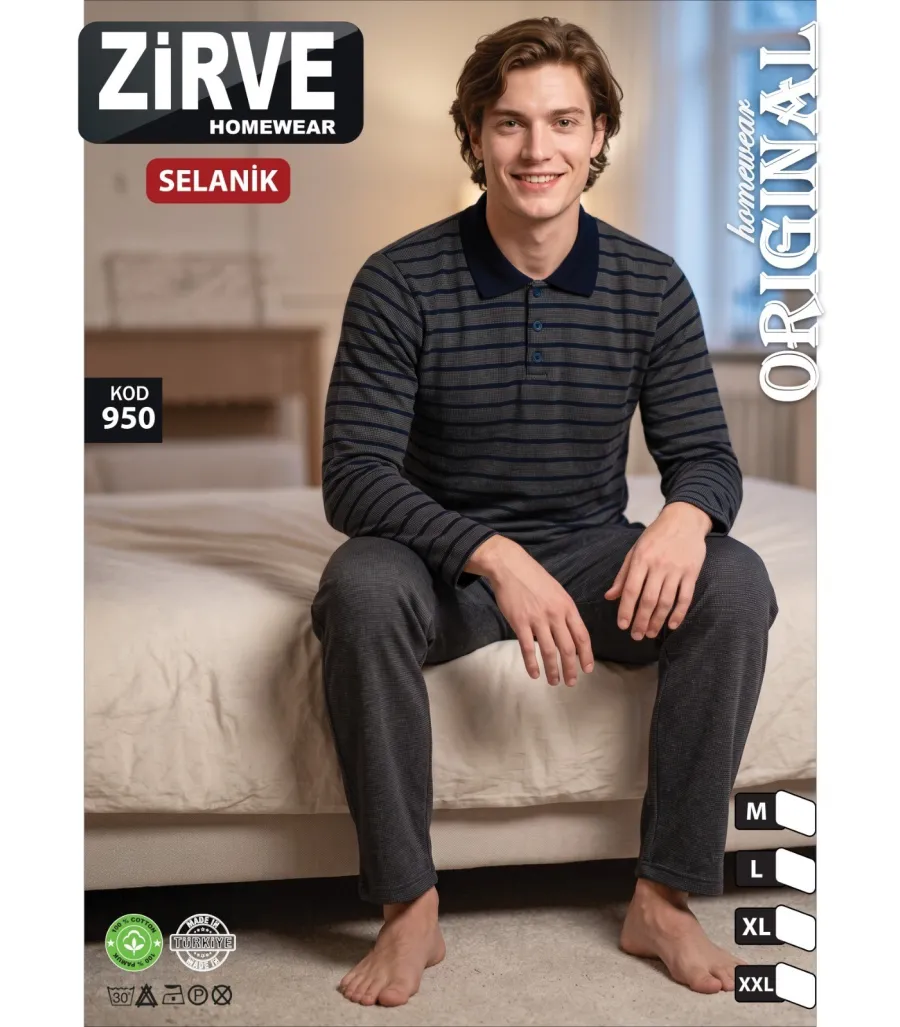 Zirve Koyu Gri Çizgili Erkek Selanik Kışlık Pijama Takımı