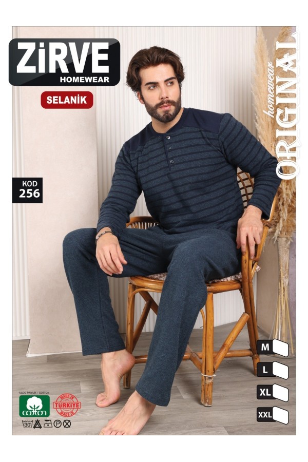 Zirve Lacivert Çizgili Erkek Selanik Kışlık Pijama Takımı Model 256