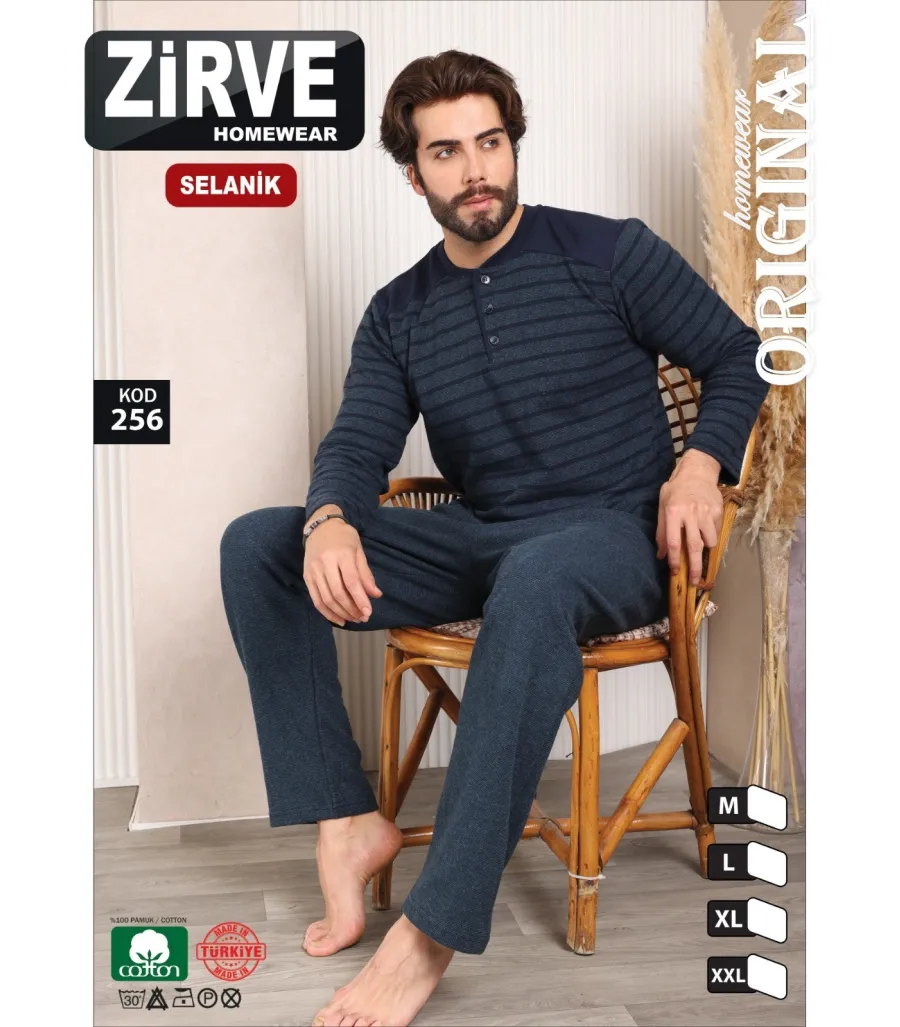 Zirve Lacivert Çizgili Erkek Selanik Kışlık Pijama Takımı Model 256