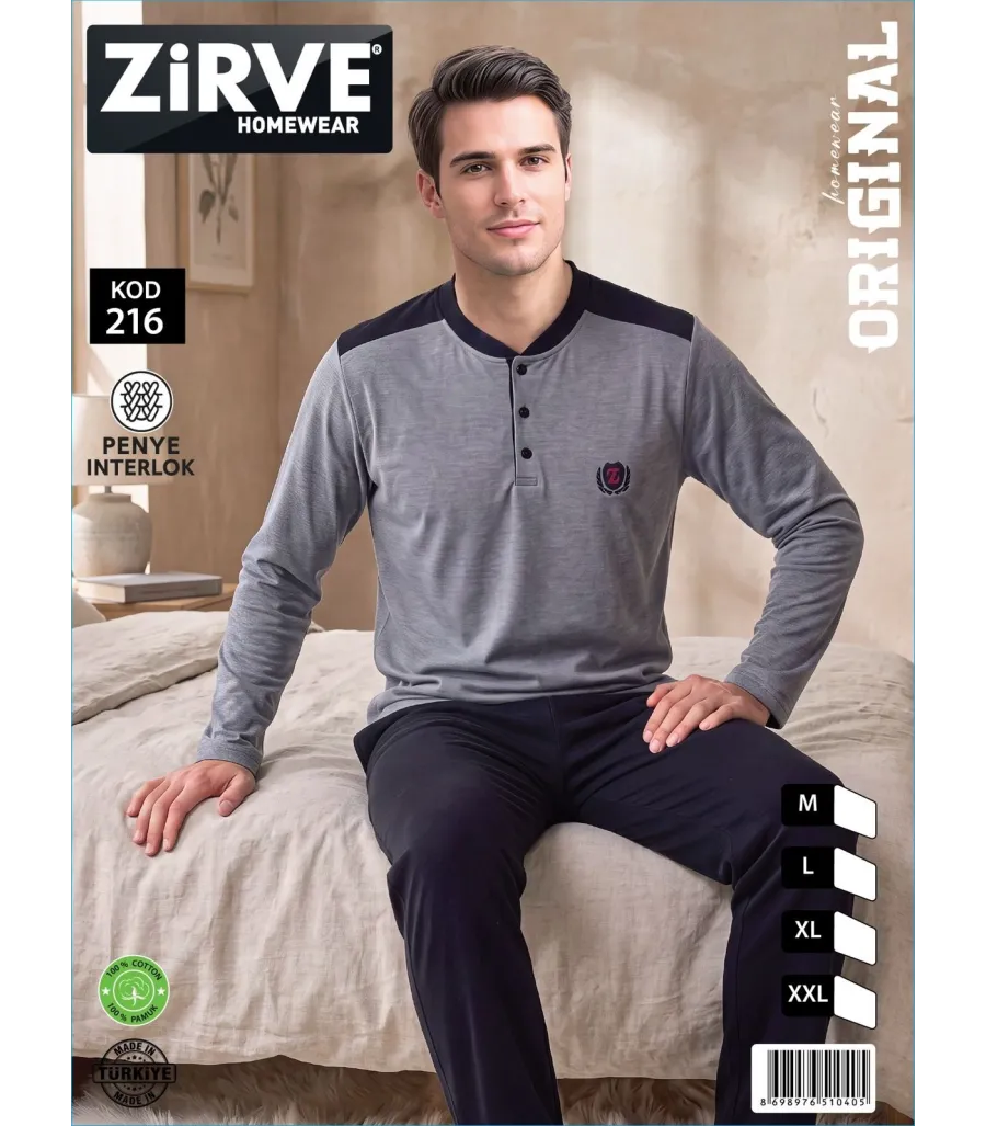 Zirve Gri Lacivert Erkek Penye İnterlok Pijama Takımı
