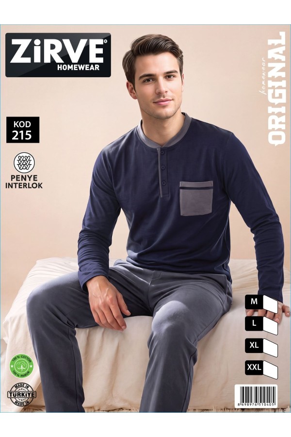 Zirve Lacivert Cepli Erkek Penye İnterlok Pijama Takımı