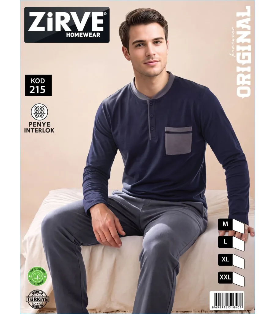 Zirve Lacivert Cepli Erkek Penye İnterlok Pijama Takımı