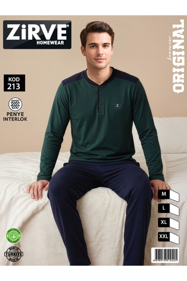Zirve Yeşil Lacivert Erkek Penye İnterlok Pijama Takımı