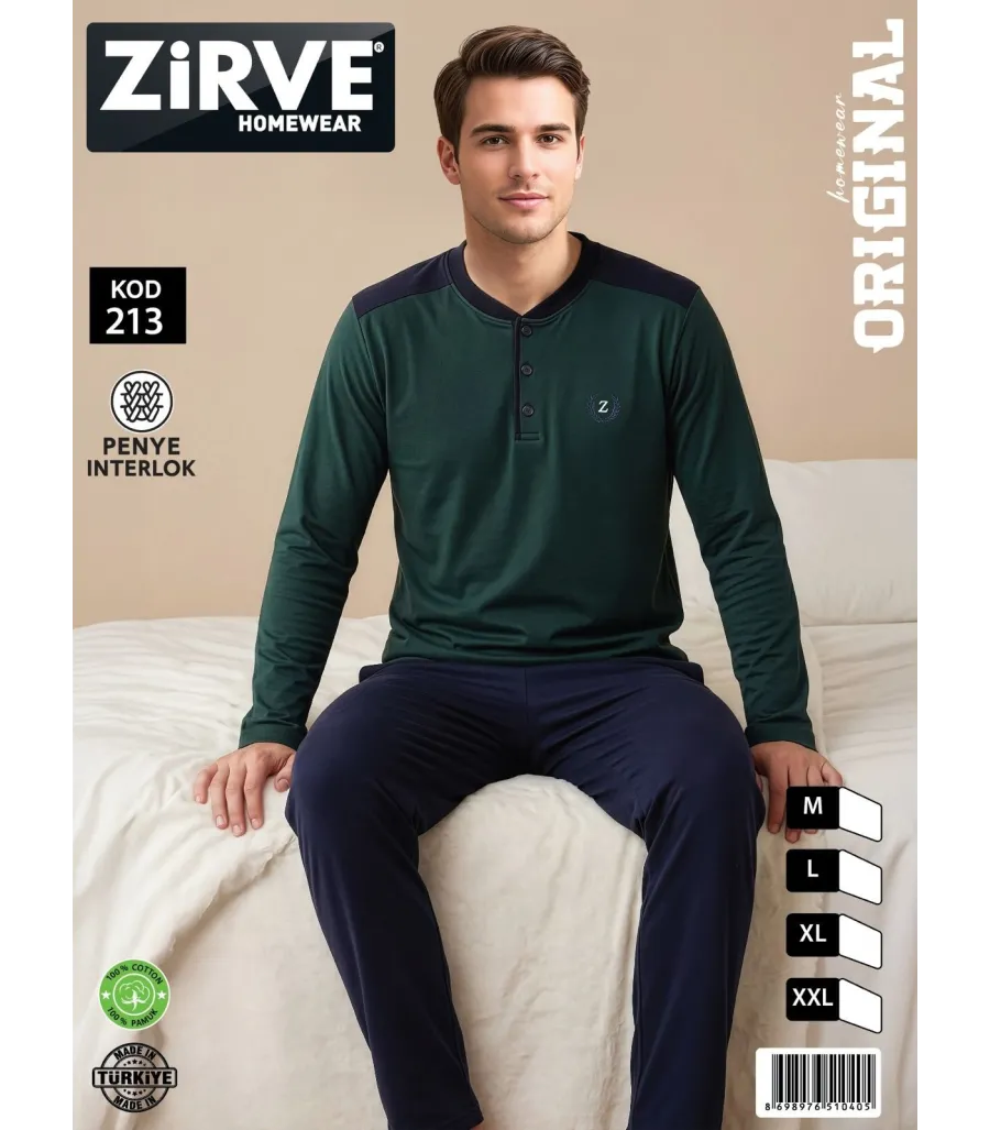 Zirve Yeşil Lacivert Erkek Penye İnterlok Pijama Takımı