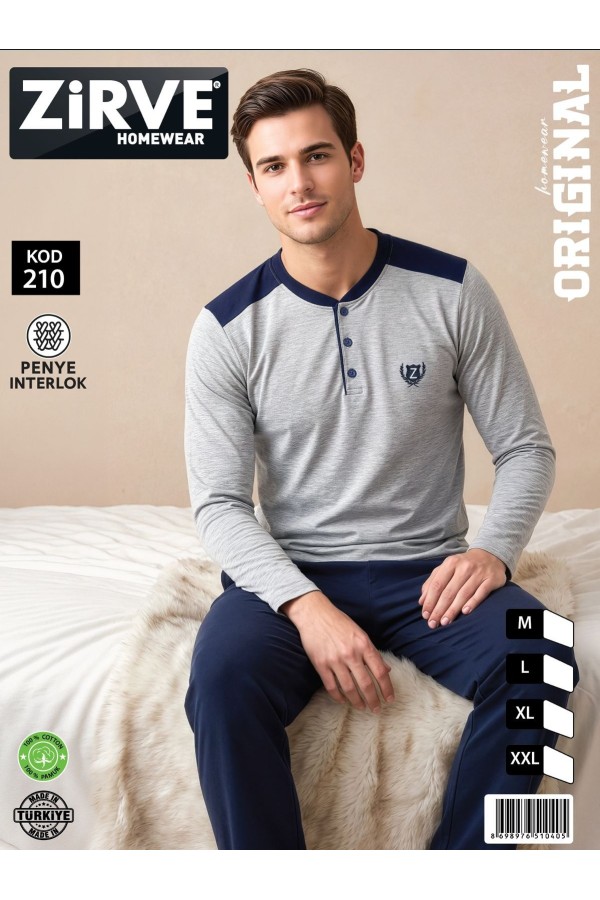 Zirve Açık Gri Lacivert Erkek Penye İnterlok Pijama Takımı