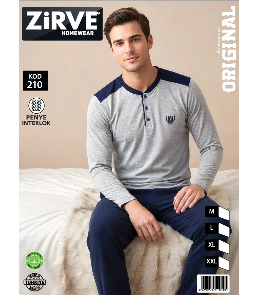 Zirve Açık Gri Lacivert Erkek Penye İnterlok Pijama Takımı