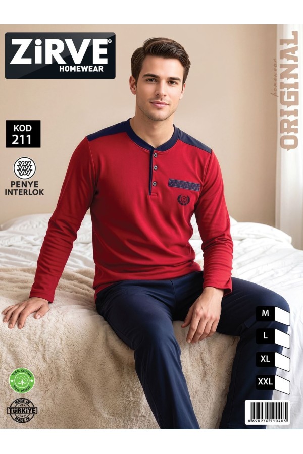 Zirve Bordo Lacivert Erkek Penye İnterlok Pijama Takımı