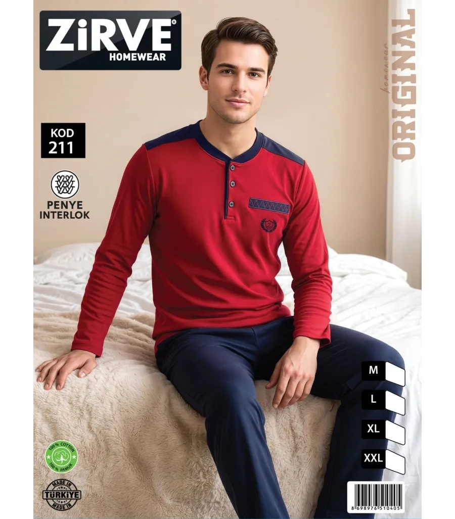 Zirve Bordo Lacivert Erkek Penye İnterlok Pijama Takımı