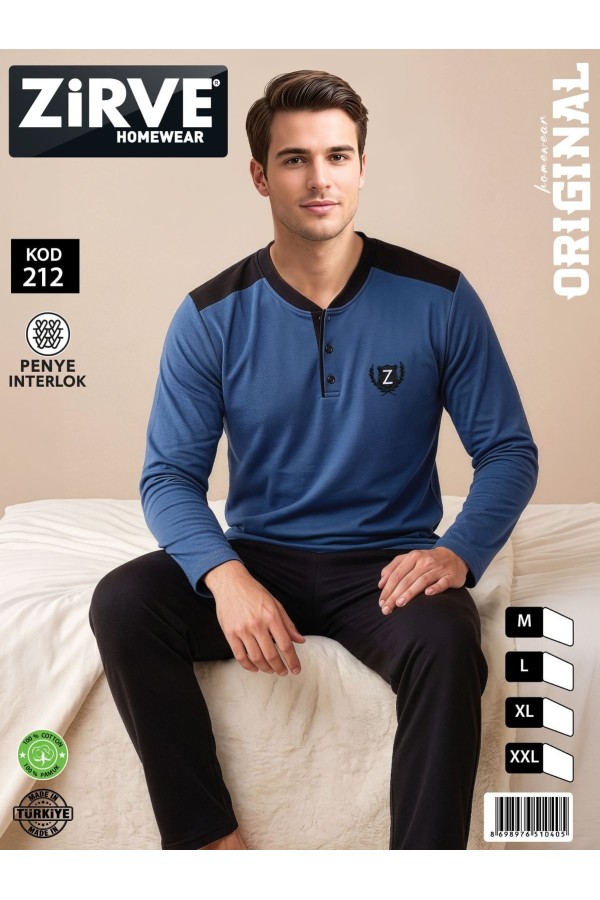 Zirve Mavi Siyah Erkek Penye İnterlok Pijama Takımı