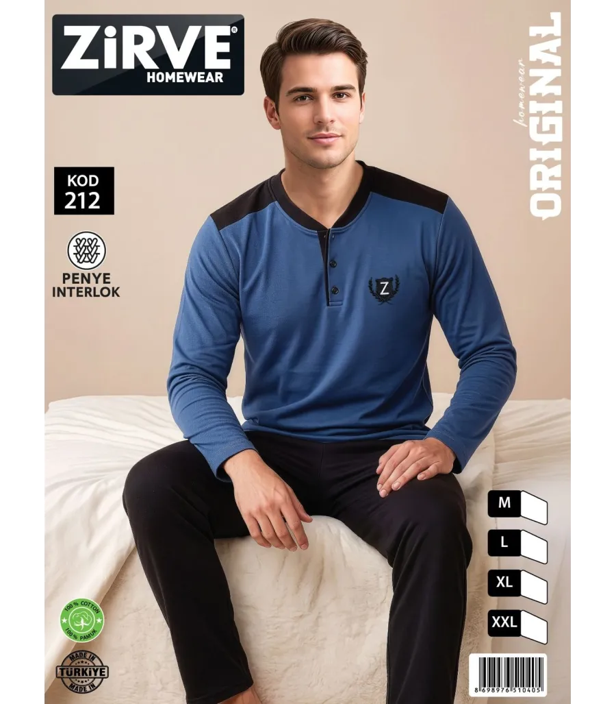 Zirve Mavi Siyah Erkek Penye İnterlok Pijama Takımı