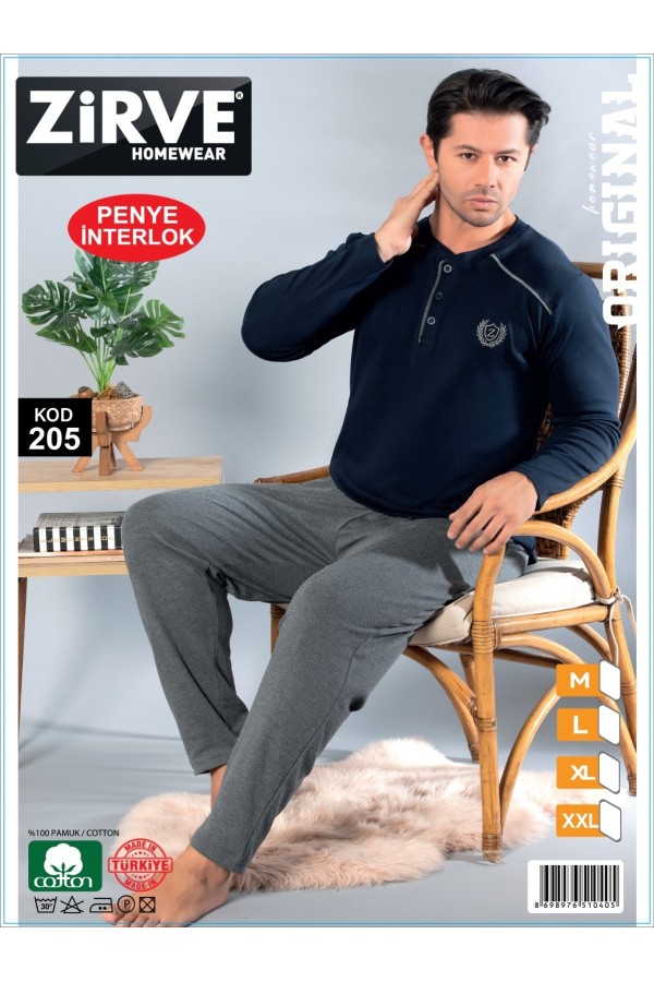 Zirve Lacivert Gri Erkek Penye İnterlok Pijama Takımı